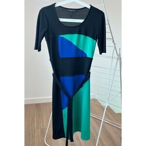 BCBGMaxAzria Petite Dress Colorblock Short Sleeve Stretch Black Green Blue XSP